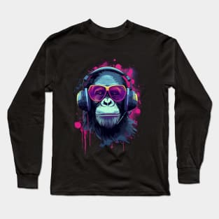 Retro Synthwave Chimpanzee Listening to Music Long Sleeve T-Shirt